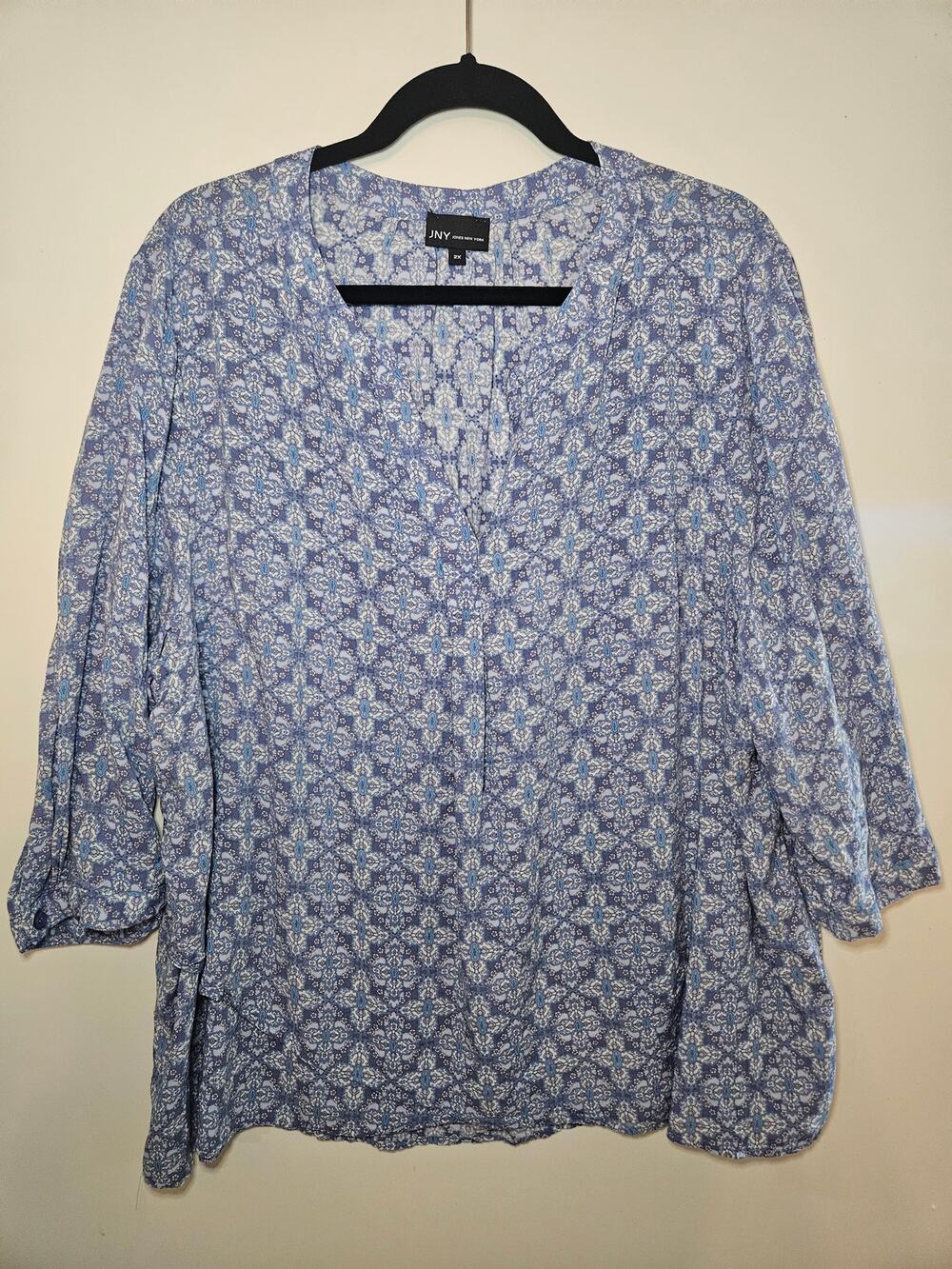 2pc Outfit Jones NY | Style&Co | 2X-18 | Blue Blouse White Stretchy Pants C50